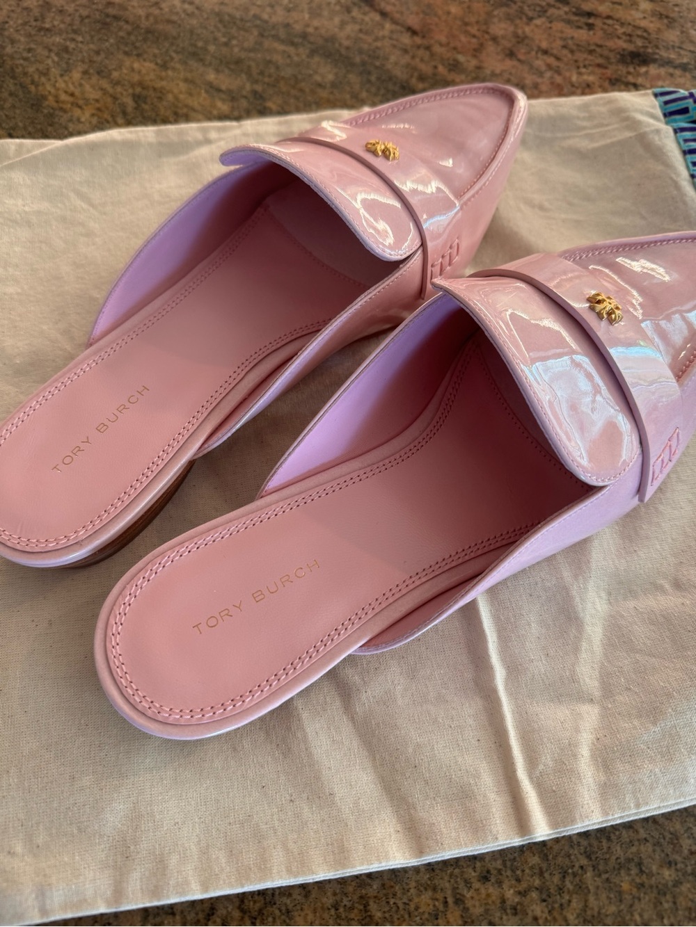 Tory Burch Blush Pink Patent Leather Mule Loafers with Gold Logo - Picture 4 of 6